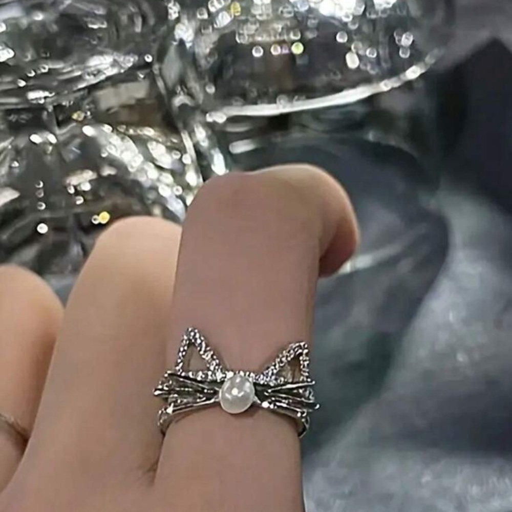 - Silver Cat Ear Ring with Pearl Accent